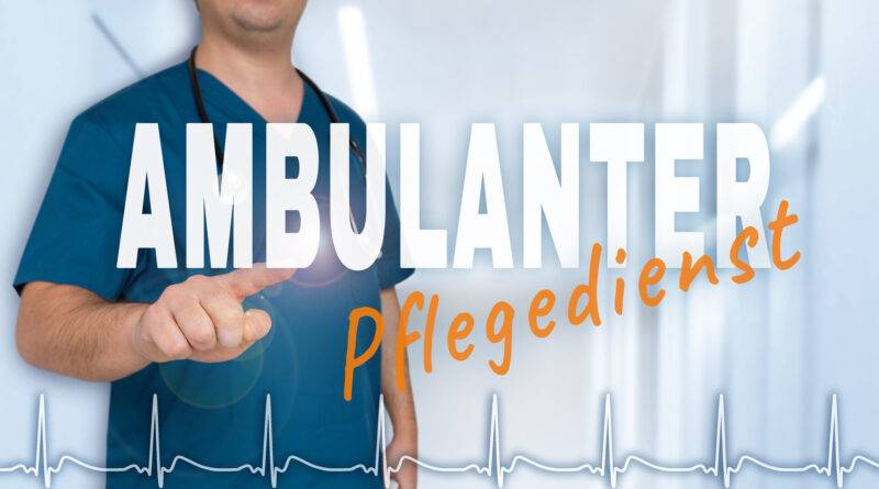 Schriftzug Ambulanter Pflegedienst, Arzt zeigt auf den Schriftzug, mit Herzfrequenz darunter.
