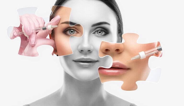 Kosmetikerin führt Injektionen zur Vergrößerung der Lippen und gegen Falten in den Nasolabialfalten einer schönen Frau durch. Kosmetologie für Frauen im Schönheitssalon.