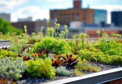 Begrüntes Dach: Eine Nahaufnahme von Pflanzen auf einem Gründach, die die Vorteile städtischer Grünflächen bei der Verringerung des Wärmeinseleffekts und der Verbesserung der Luftqualität verdeutlicht