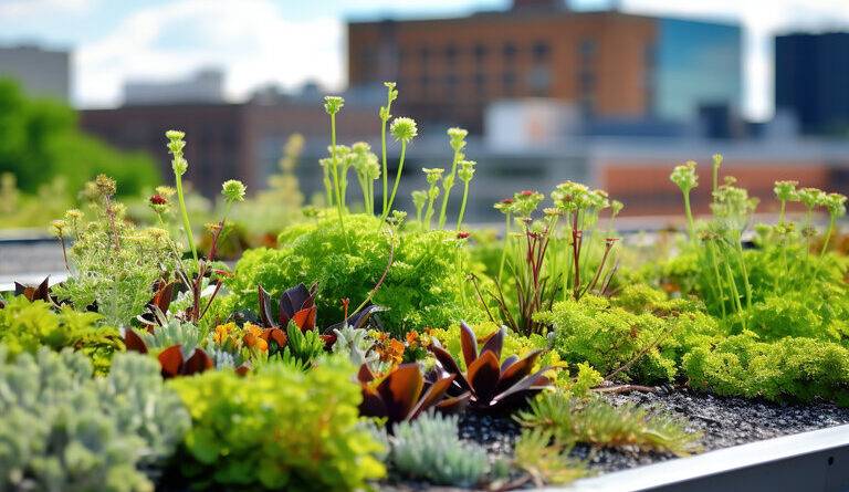 Begrüntes Dach: Eine Nahaufnahme von Pflanzen auf einem Gründach, die die Vorteile städtischer Grünflächen bei der Verringerung des Wärmeinseleffekts und der Verbesserung der Luftqualität verdeutlicht