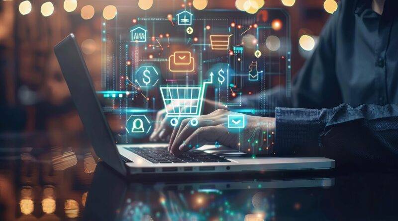 Ein Unternehmer arbeitet an einem Laptop mit verschiedenen E-Commerce-Symbolen im Vordergrund, unterstützt durch eine Amazon Agentur, um den Online-Vertrieb zu optimieren.