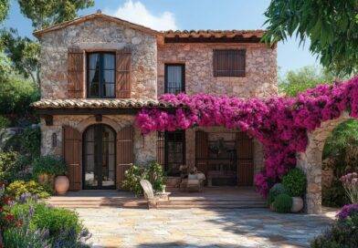 Rustikales Haus mit wetterfesten Naturstein Verblender, Holzfenstern und blühender Bougainvillea