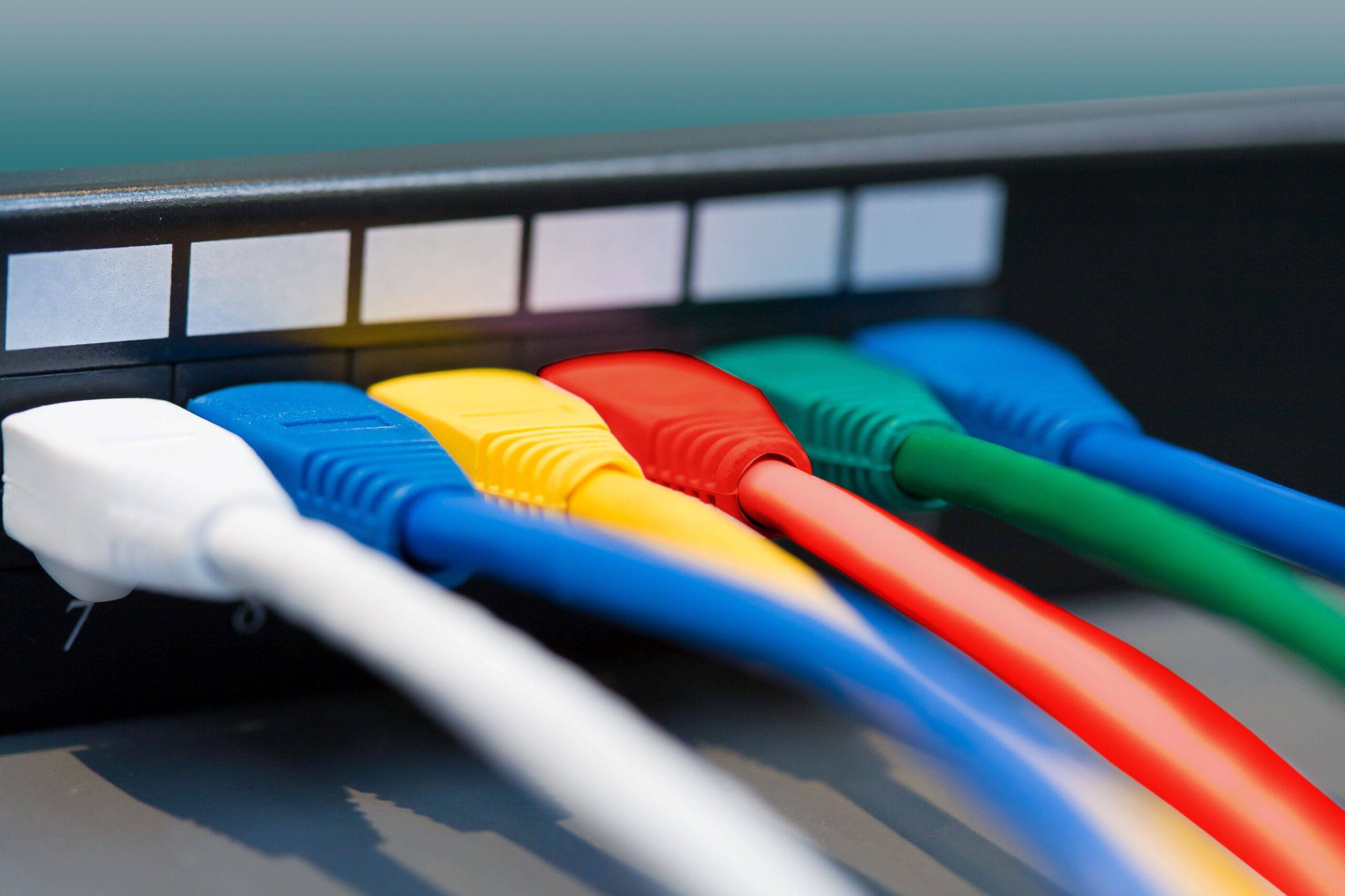 Mehrere farbige Ethernet-Kabel, die in einen Netzwerk-Switch eingesteckt sind