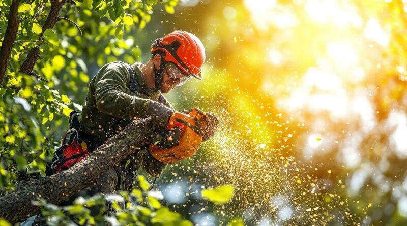 Baumpfleger mit Schutzkleidung und Motorsaege beim Zurueckschneiden eines Astes – typisches Ausgangsmaterial fuer den Holzschredder