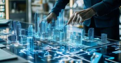 Person interagiert mit digitalem 3D-Stadtmodell zur Planung von Infrastruktur inklusive Strassenmarkierung und Verkehrswegen