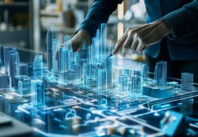 Person interagiert mit digitalem 3D-Stadtmodell zur Planung von Infrastruktur inklusive Strassenmarkierung und Verkehrswegen