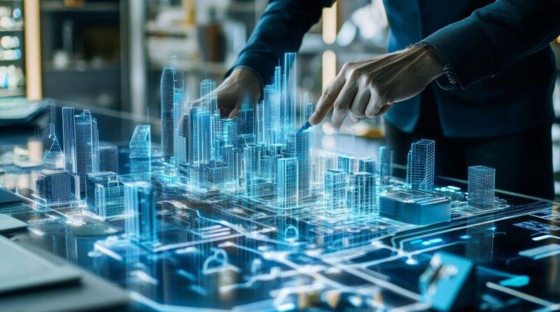 Person interagiert mit digitalem 3D-Stadtmodell zur Planung von Infrastruktur inklusive Strassenmarkierung und Verkehrswegen
