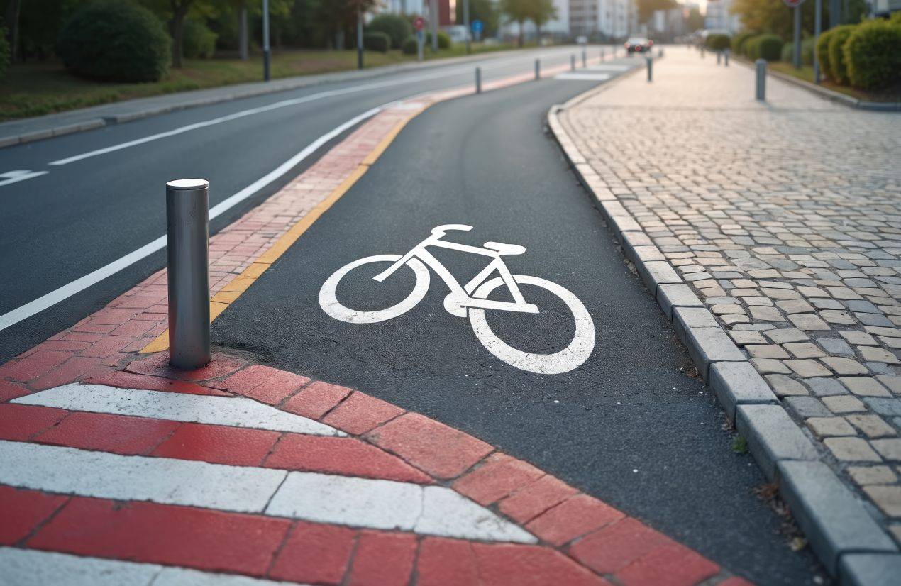 Farblich abgesetzter Radweg mit weisser Strassenmarkierung, roter Signalzone und Pollern als Beispiel fuer funktionales Verkehrsdesign