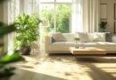 Helles Wohnzimmer mit Pflanzen und Akustikpaneel