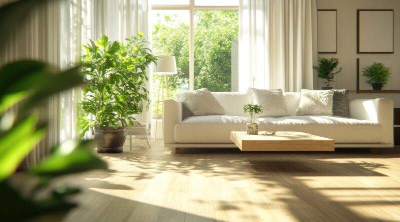 Helles Wohnzimmer mit Pflanzen und Akustikpaneel