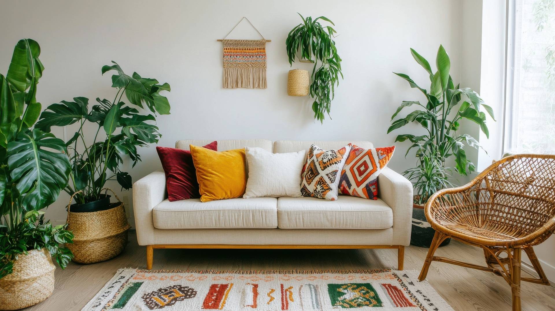 Boho-Wohnzimmer mit Sofa Kissen | Sofa Kissen