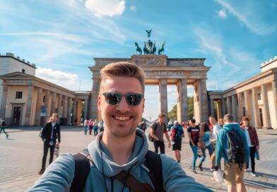 Klassenfahrt Berlin: Schülergruppe vor dem Brandenburger Tor bei sonnigem Wetter
