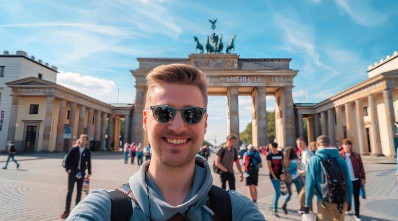Klassenfahrt Berlin: Schülergruppe vor dem Brandenburger Tor bei sonnigem Wetter