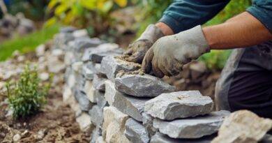 Gärtner baut Steinmauer aus Natursteinen im Garten | Cortenstahl Hochbeet