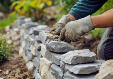 Gärtner baut Steinmauer aus Natursteinen im Garten | Cortenstahl Hochbeet