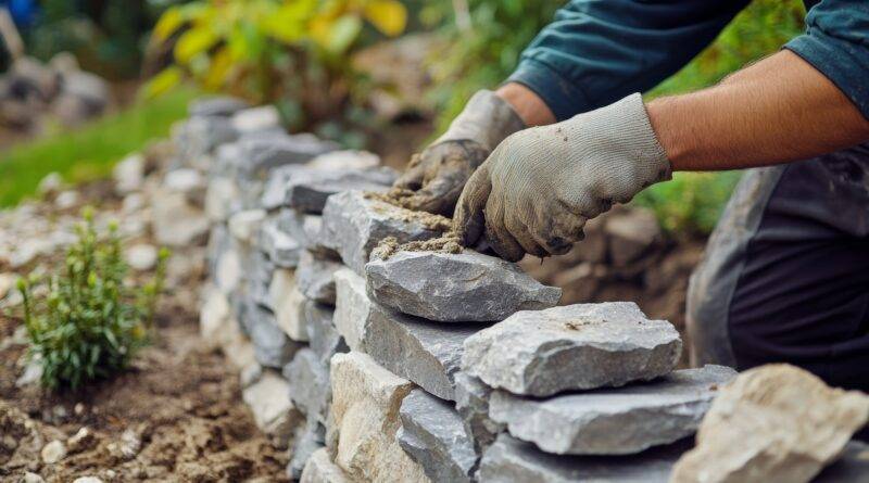Gärtner baut Steinmauer aus Natursteinen im Garten | Cortenstahl Hochbeet