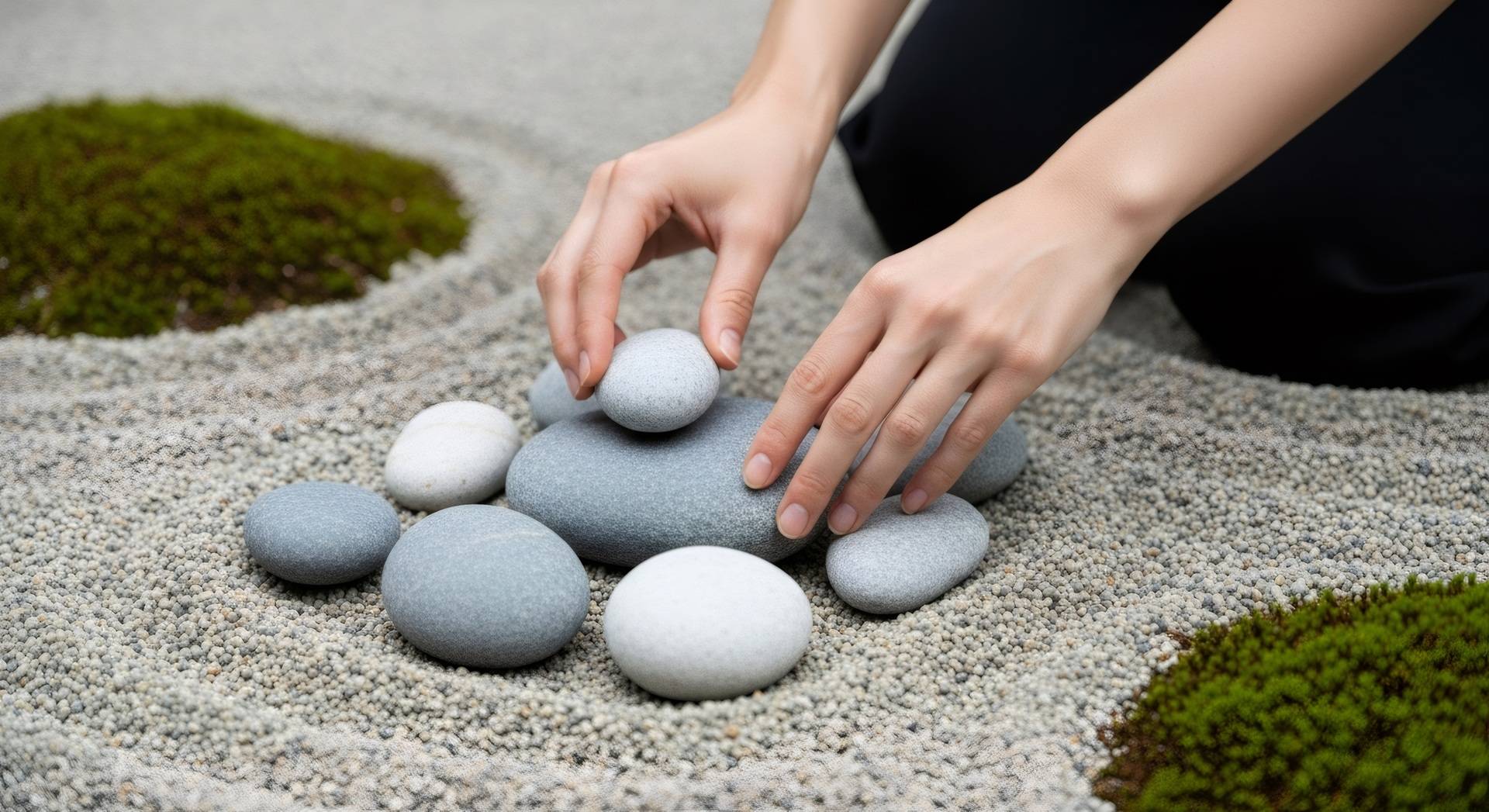 Hände ordnen glatte Steine in einem Zen-Garten | Cortenstahl Hochbeet