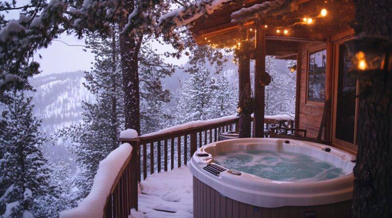 Whirlpool-Zubehoer auf Holzterrasse im Winter mit schneebedecktem Wald und Lichterkette bei Abendstimmung