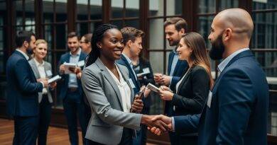 Geschäftsleute schütteln Hände bei Business-Networking-Event | Messe Stehtisch