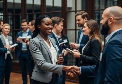 Geschäftsleute schütteln Hände bei Business-Networking-Event | Messe Stehtisch